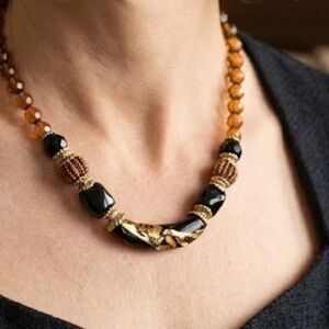 Vintage 1980s Venetian Murano Glass Necklace Gold Foil Statement Amber Black 16”
